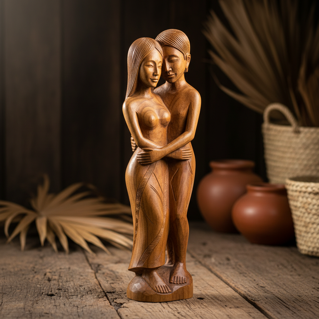Escultura em madeira entalhada Casal Abraçado 30cm