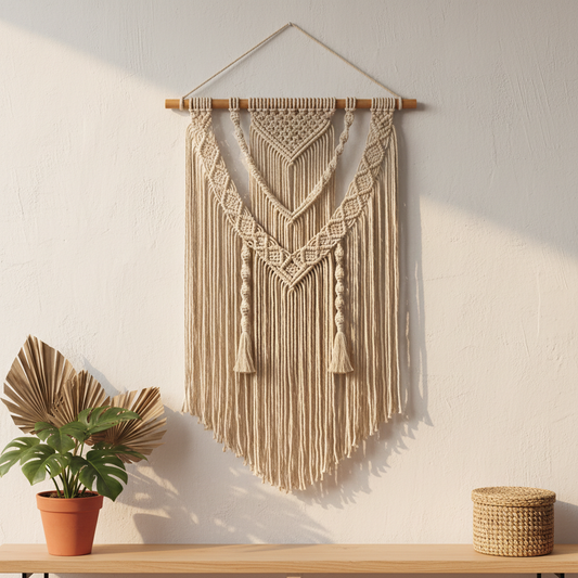 Painel de macramê boho bege 60x40cm
